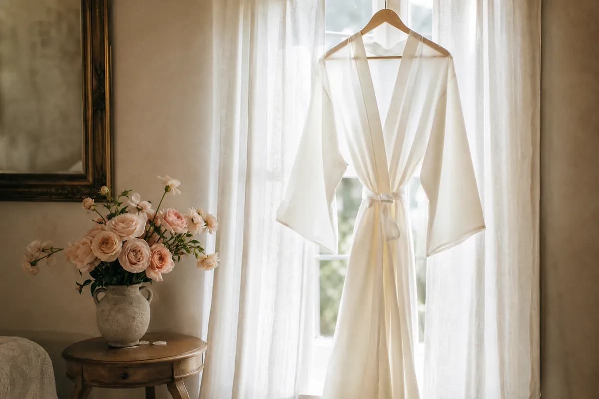 Bata de satén marfil en percha de madera frente a ventana con cortinas de lino y jarrón con rosas frescas