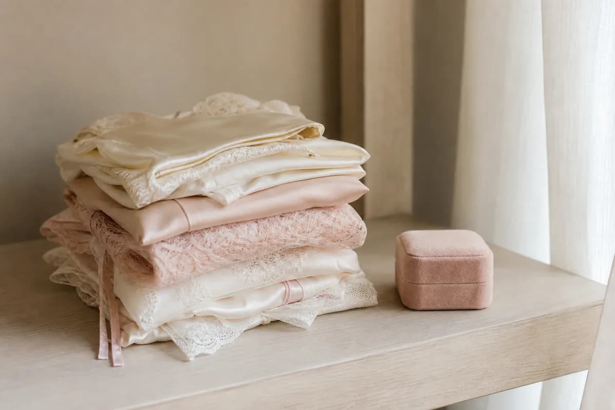 Pijamas y lencería delicada doblada en tonos crema y rosa pálido con caja de joyería de terciopelo rosa