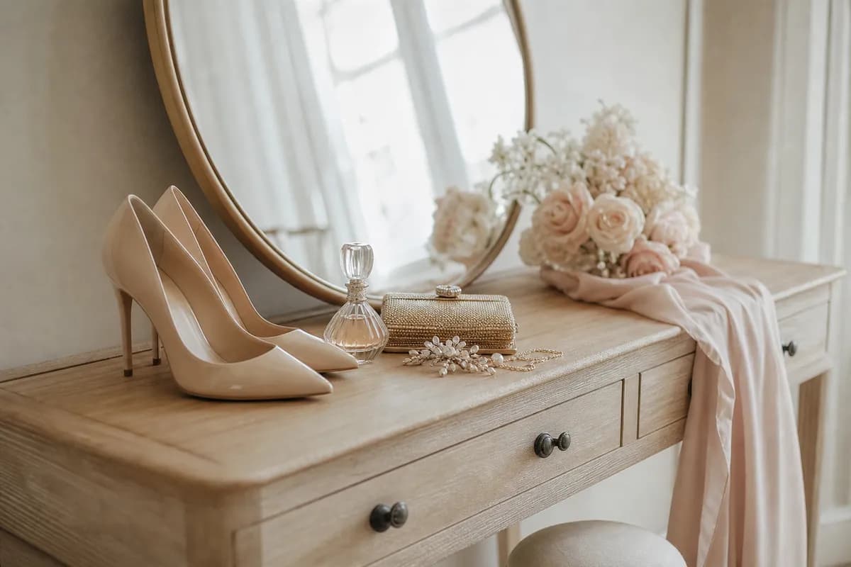 Tacones nude, clutch dorado y perfume de cristal sobre tocador de madera clara con espejo redondo