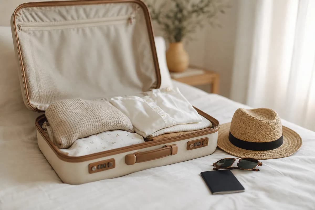 Maleta beige abierta sobre la cama con ropa doblada en tonos neutros, sombrero de paja, lentes y pasaporte