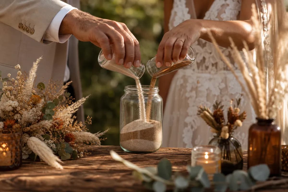 Ritual de arena en ceremonia holistica: pareja vertiendo arena blanca y ocre en frasco de vidrio