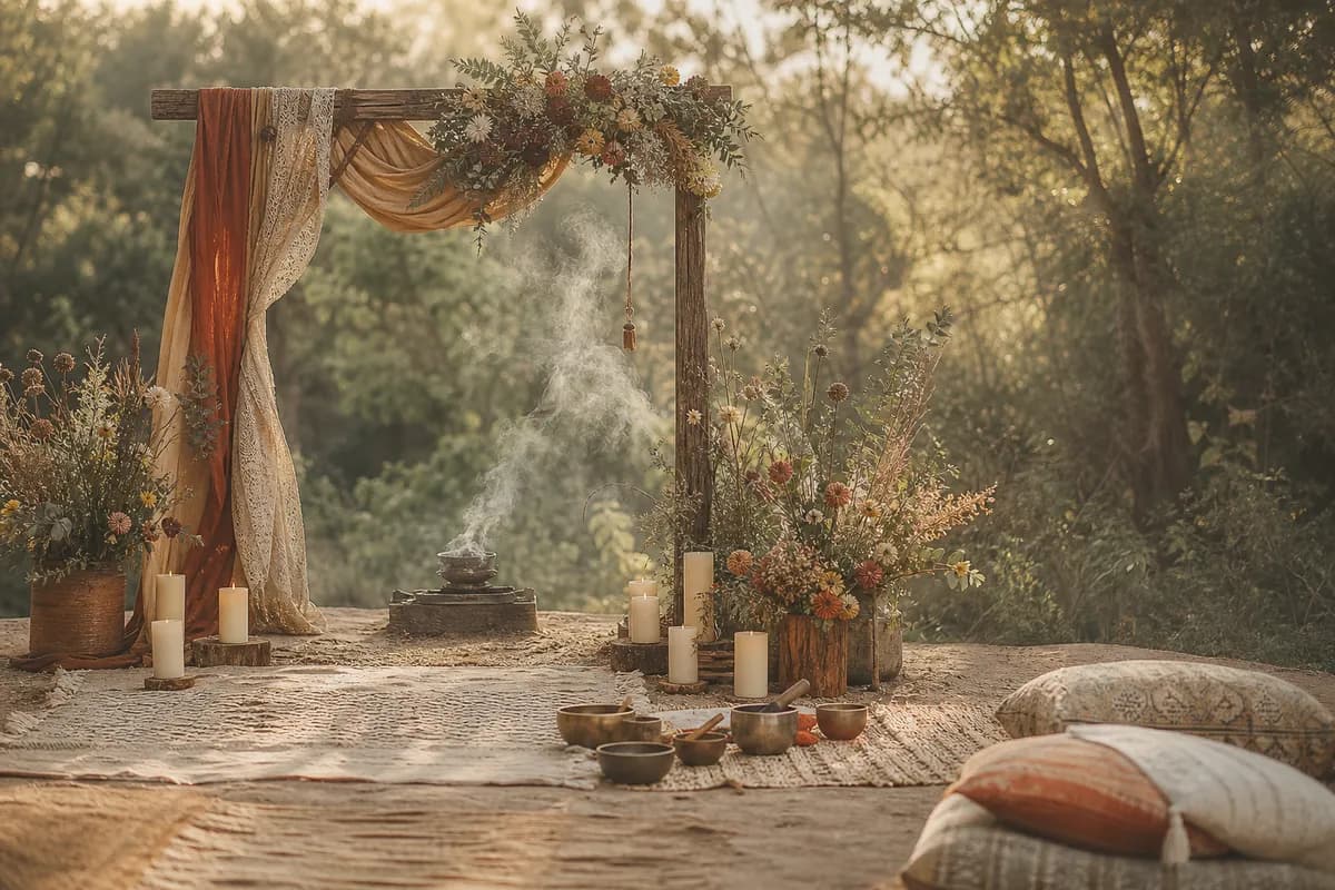 Altar boho para ceremonia holistica con velas, flores silvestres, cuencos tibetanos y sahumerio