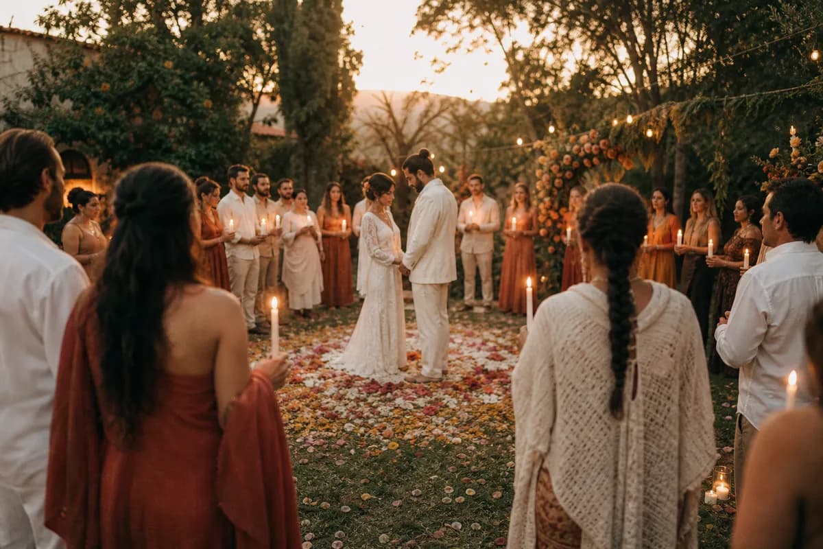 Invitados en círculo con velas alrededor de la pareja en boda holistica al atardecer