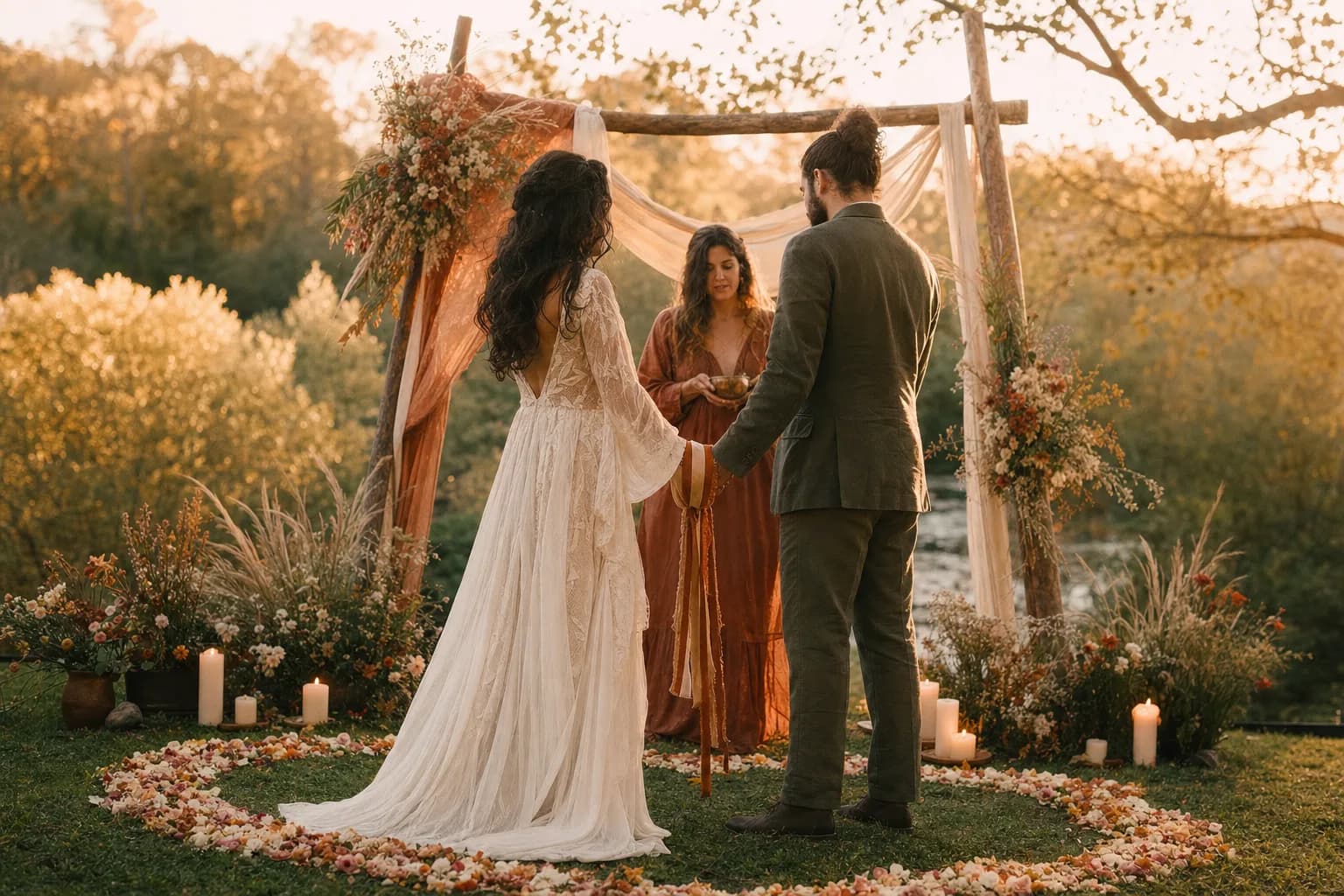 Pareja en ceremonia holistica al atardecer con ritual de handfasting dentro de un círculo de pétalos