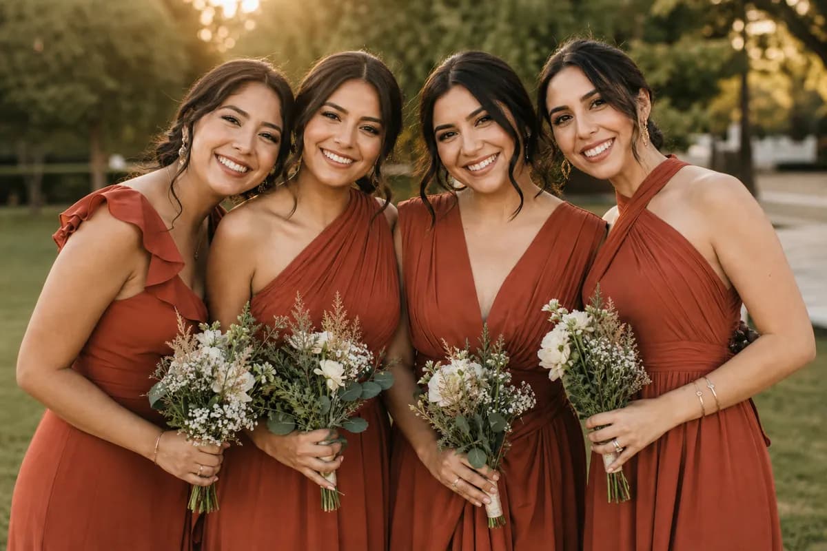 Cuatro damas de honor en vestidos terracota mix and match con ramos pequenos, luz dorada de tarde
