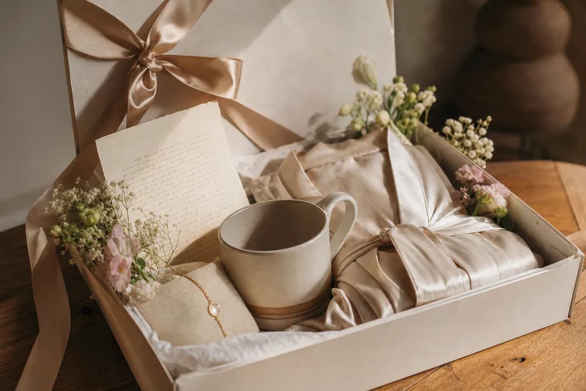 Caja de propuesta abierta con carta, taza, pulsera y batita, cinta y flores sobre mesa de madera