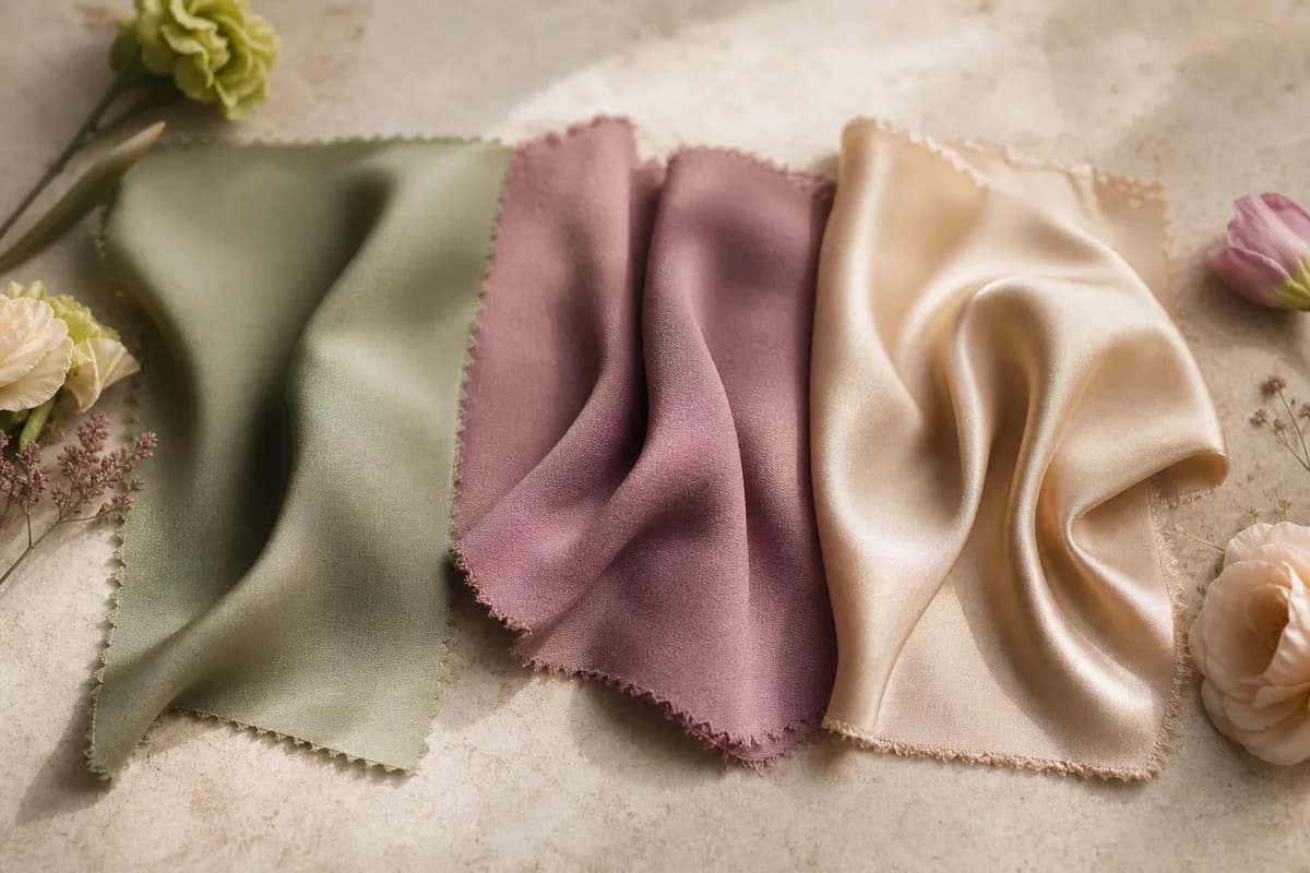 Paleta de colores para damas de honor en sage, mauve y champagne con telas de raso y crepe