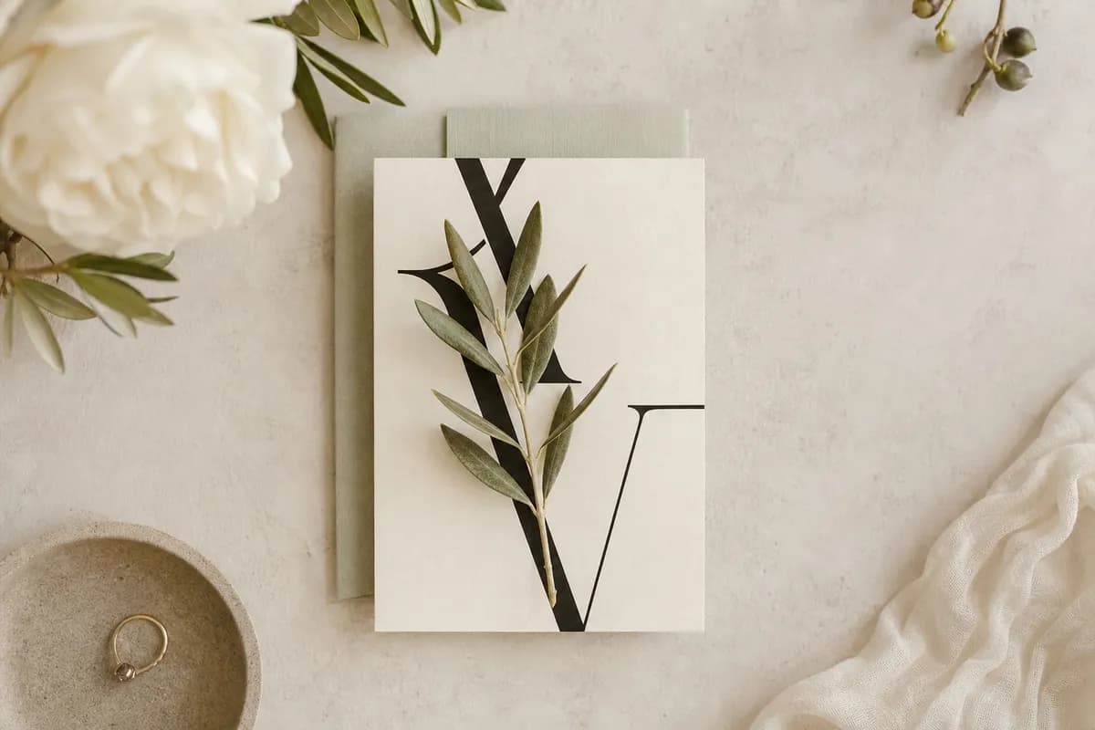 Invitacion de boda minimalista en papel hueso con tipografia serif negra y ramita de olivo