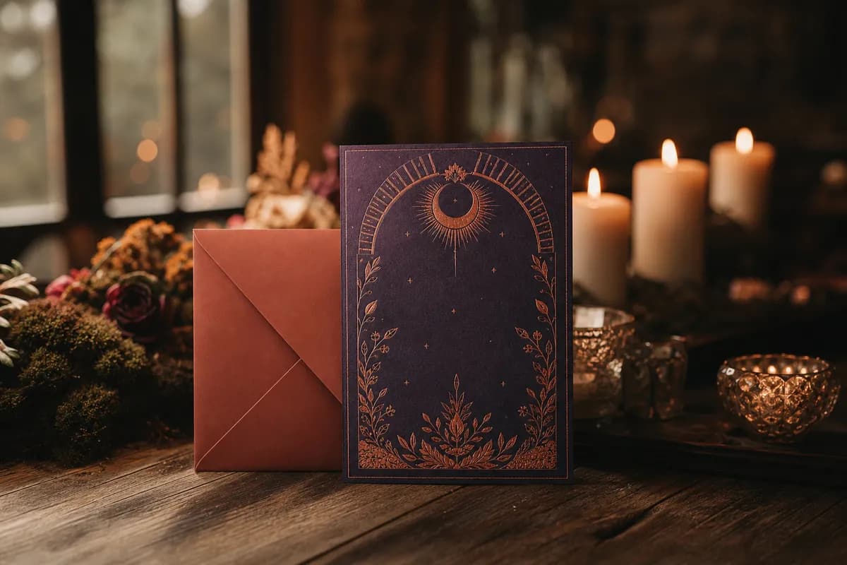 Invitacion de boda en tonos ciruela con detalles cobre y sobre terracota entre velas