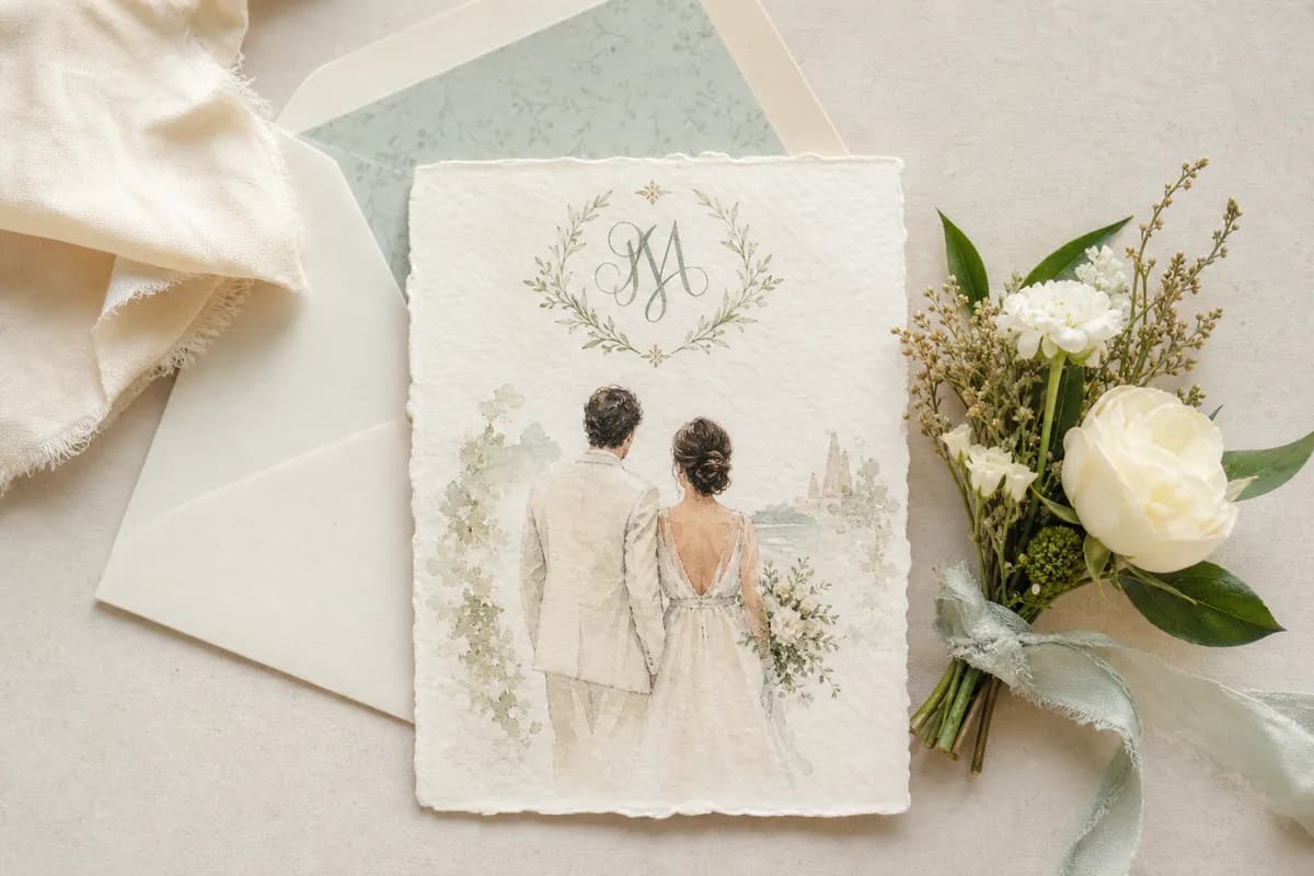 Invitacion de boda personalizada en acuarela con la pareja y monograma en papel de algodon