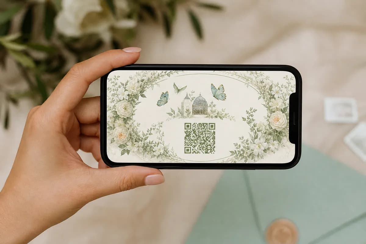 Invitacion de boda digital con animacion floral y codigo QR en la pantalla de un celular