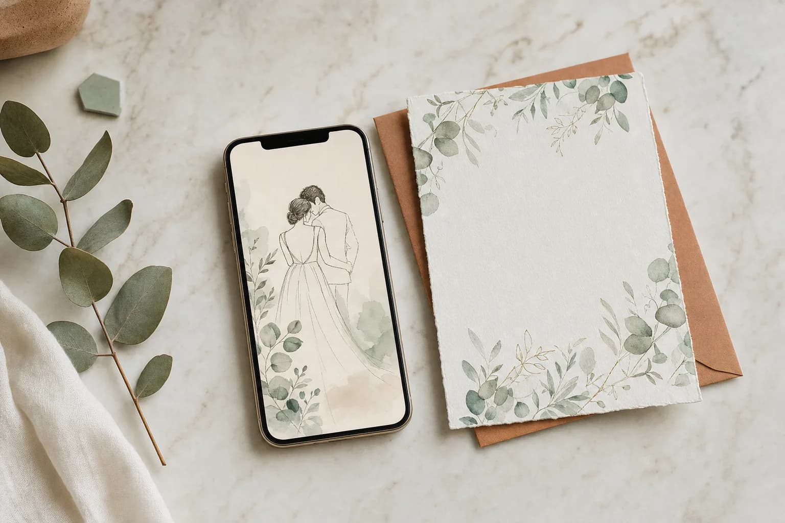 Invitaciones de boda digital e impresa sobre mesa de marmol con eucalipto y sobre terracota