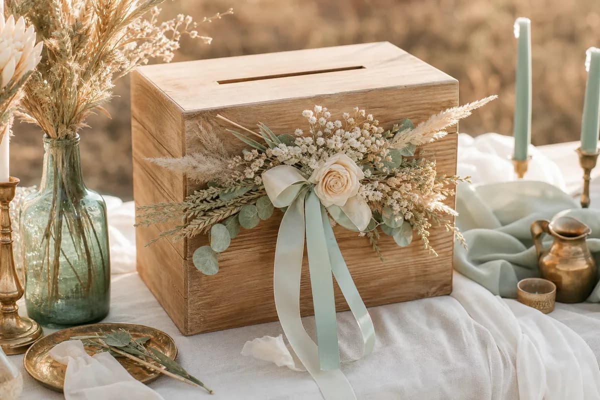 Caja de madera rustica para lluvia de sobres con flores secas y listones sobre mesa de lino en boda de campo