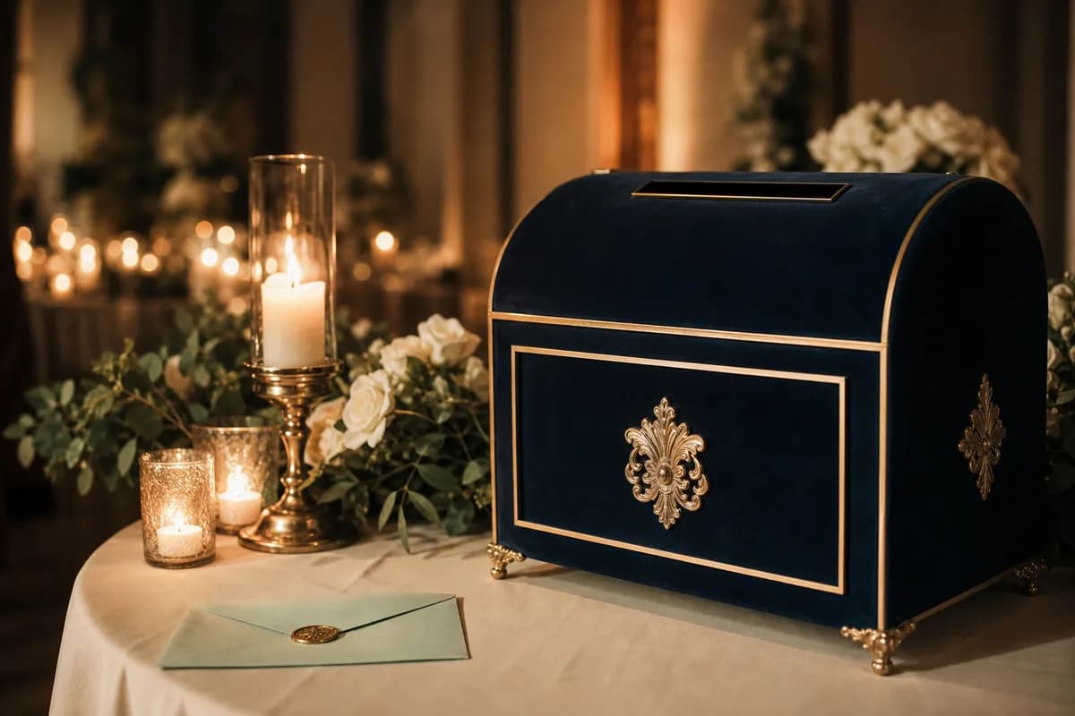 Buzon de terciopelo azul noche con acentos dorados y velas para lluvia de sobres en boda formal de noche