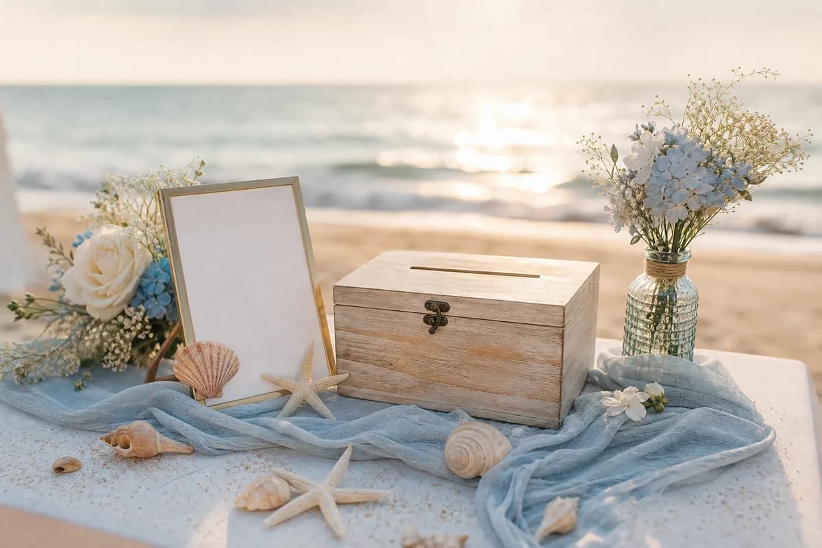 Mesa de lluvia de sobres para boda en playa con conchas, tonos azules y letrero frente al mar