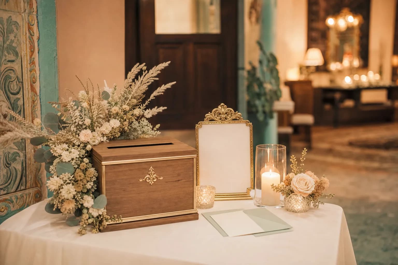 Rincon de lluvia de sobres en boda con caja de madera dorada, flores secas y letrero caligrafico a la luz calida