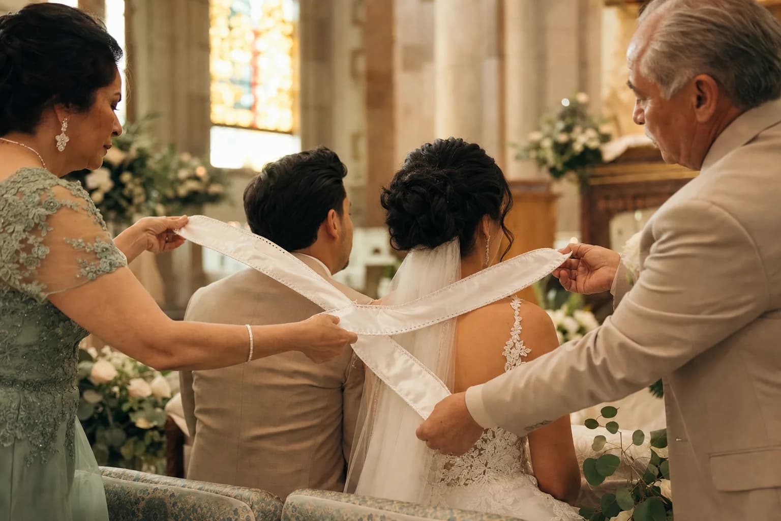 Padrinos de boda colocando el lazo blanco a los novios en ceremonia religiosa mexicana