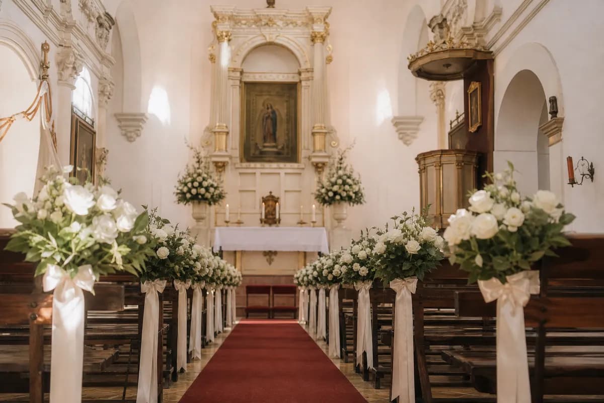 Pasillo de iglesia estilo clasico romantico con rosas blancas, monos de satin y alfombra roja