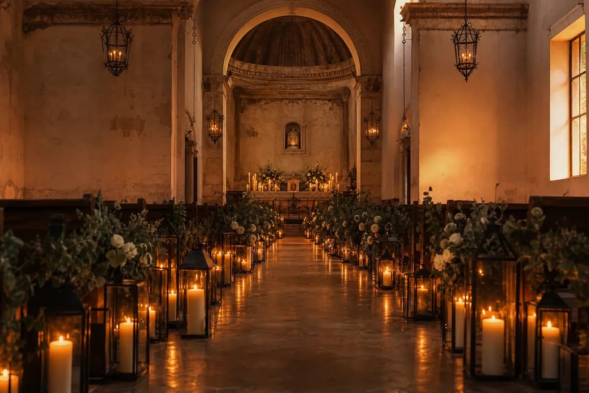 Pasillo de iglesia con faroles y velas de distintas alturas en ceremonia al atardecer