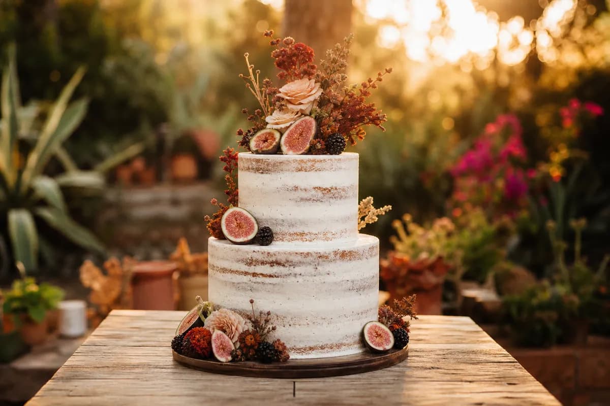 Pastel de boda semi naked con higos, moras y flores secas en mesa rústica de jardín al atardecer