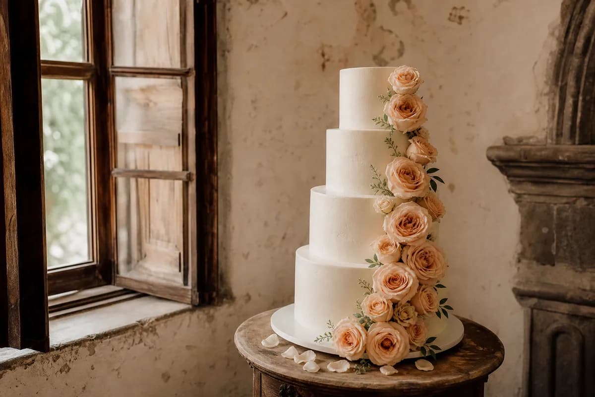 Pastel de boda clásico blanco de cuatro pisos con cascada de rosas durazno junto a ventana de hacienda