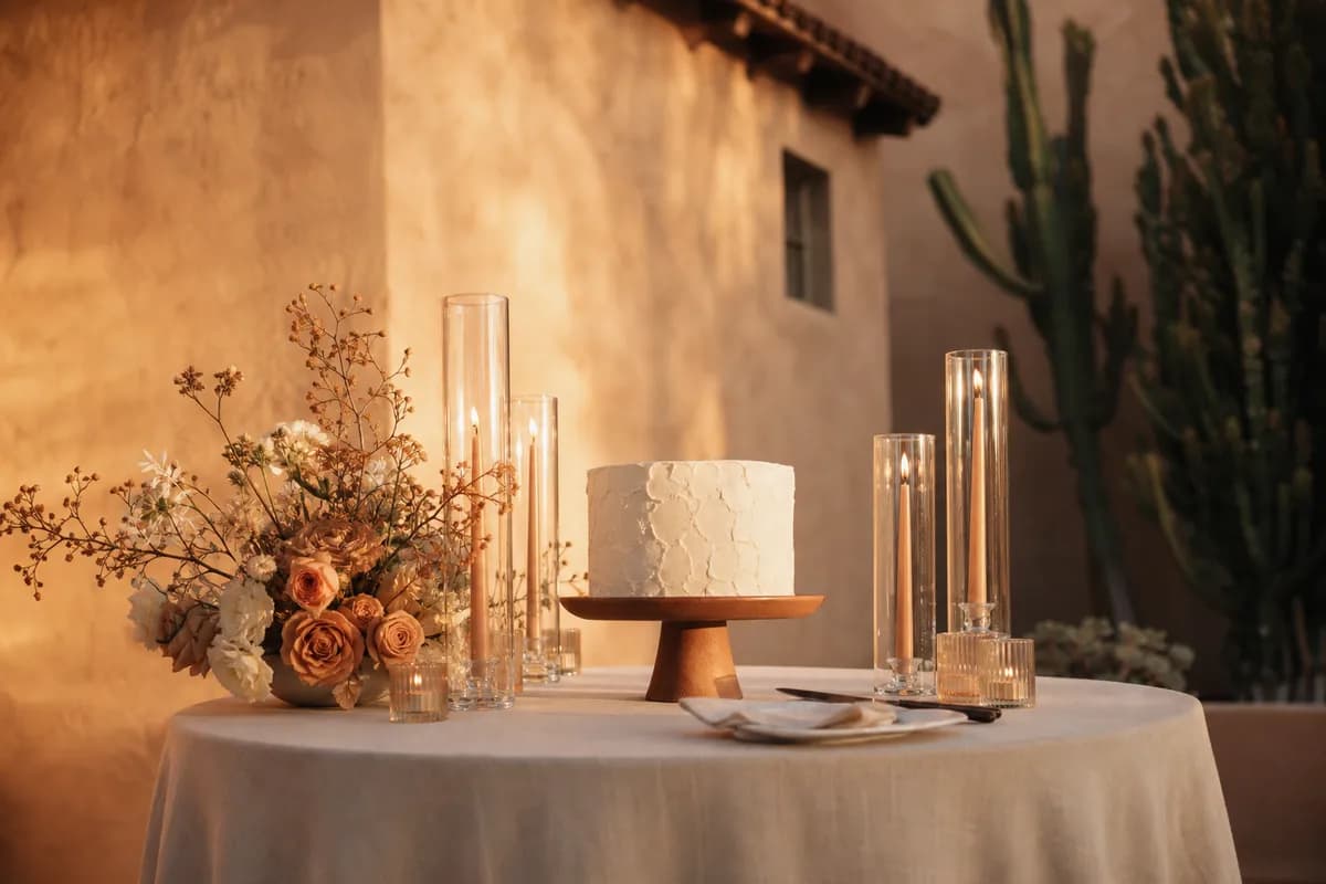 Mesa de pastel de boda con velas altas y arreglo floral en tonos arena frente a muro de hacienda