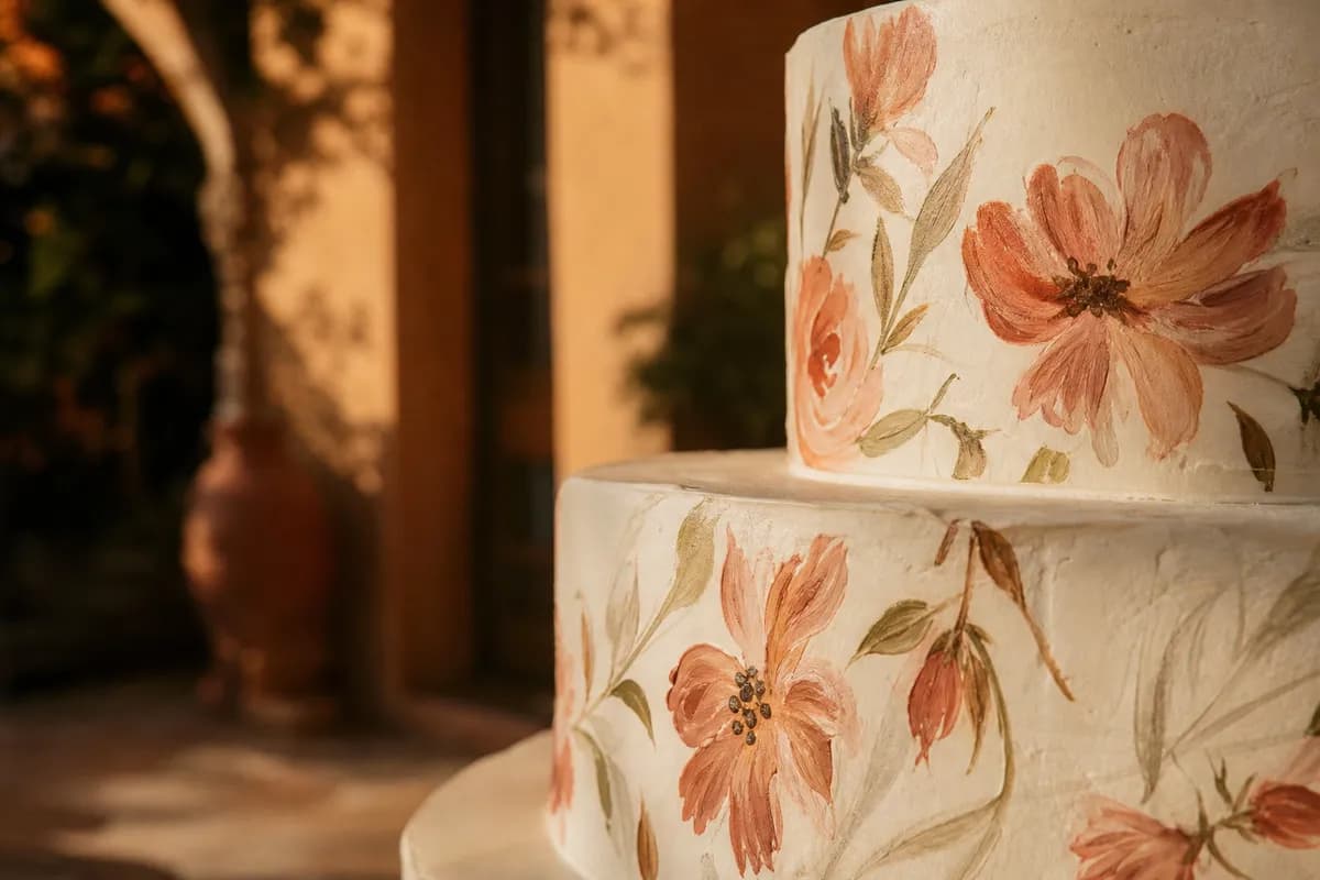 Detalle de pastel de boda pintado a mano con flores estilo acuarela en tonos terracota y durazno