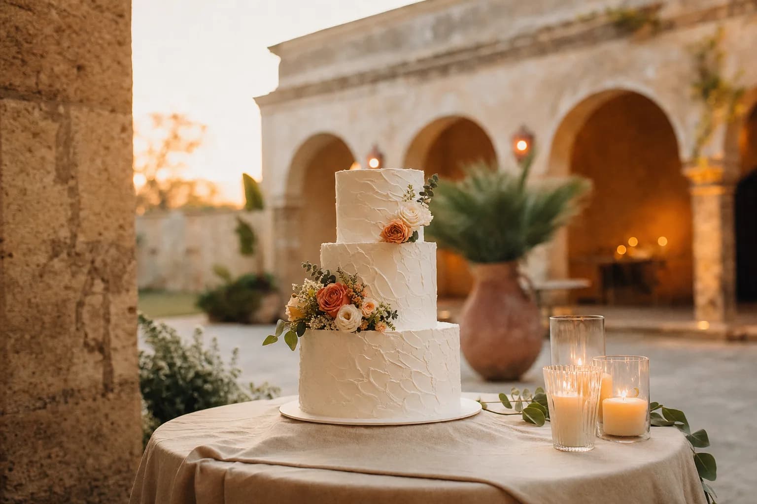 Pastel de boda de tres pisos con betún texturizado y flores terracota en patio de hacienda mexicana