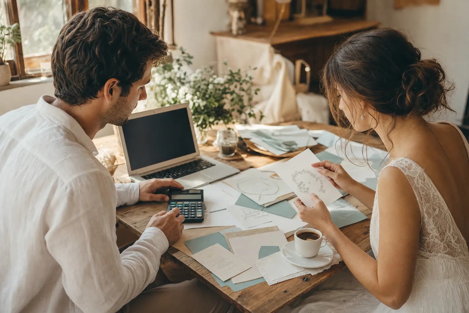 Pareja revisando presupuesto para boda con laptop, calculadora y papelería sobre mesa de madera