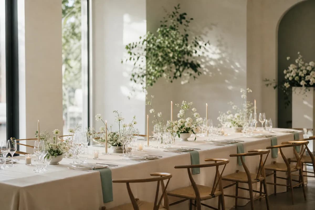 Tematica de boda minimalista en salon contemporaneo, mantel marfil, flores blancas y velas altas