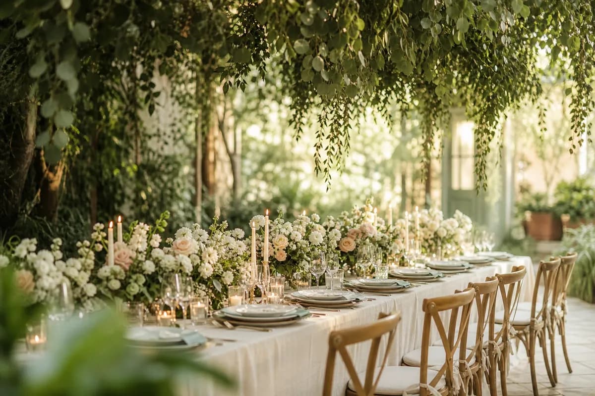 Boda botanica en jardin con guirnaldas de eucalipto, flores y luz calida al atardecer