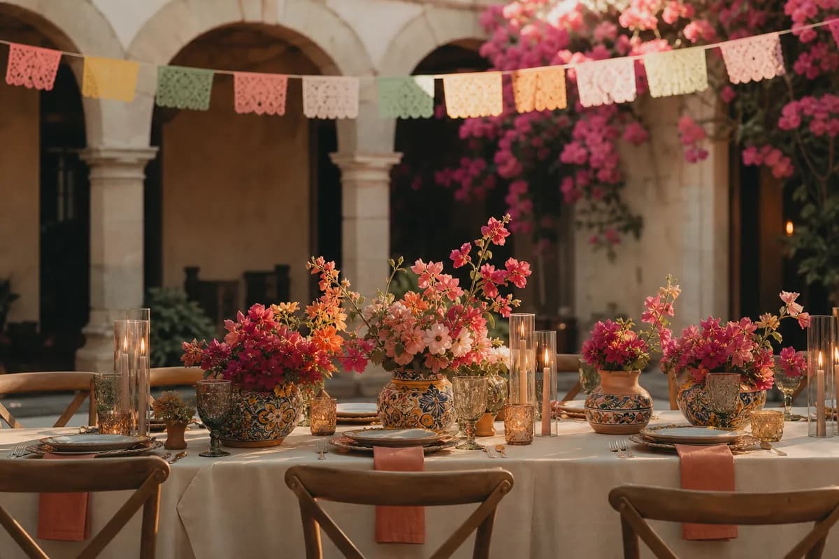 Boda mexicana contemporanea en patio colonial con papel picado, talavera y flores rosa mexicano