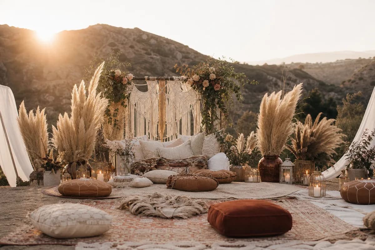 Boda boho romantica al aire libre con macrame, pampas, tapetes y cojines en tonos tierra