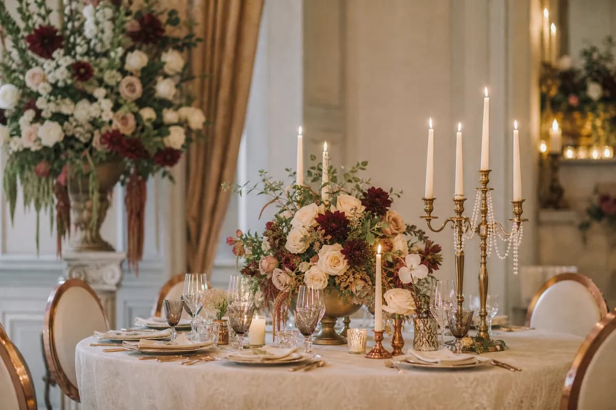 Boda glam romantica en salon con candelabros dorados, perlas y flores champagne y cherry