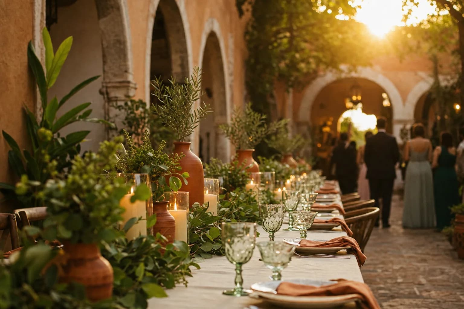 Mesa larga de boda en hacienda mexicana al atardecer, follaje verde, velas y textiles tierra, tematicas de boda 2026