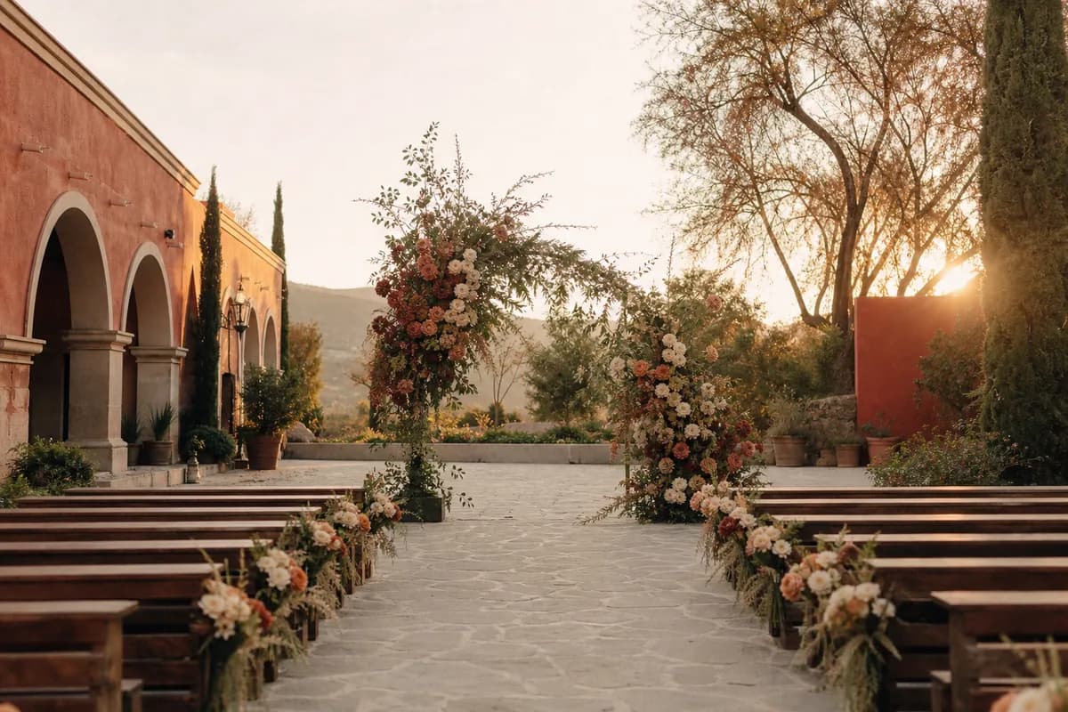 Arco de ceremonia asimétrico con flores terracota y crema en jardín de hacienda mexicana al atardecer