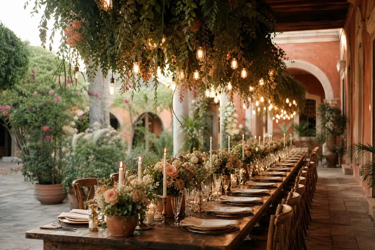 Instalación colgante con follaje, flores terracota y focos cálidos sobre mesa de madera en patio de hacienda