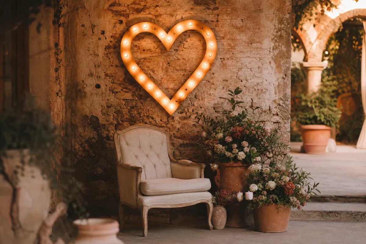 Rincón fotográfico de boda con sillón vintage crema, corazón luminoso y flores terracota en muro de ladrillo