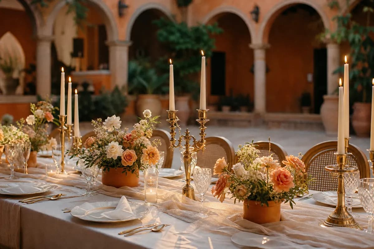 Mesa de banquete con camino de gasa crema, candelabros dorados y flores terracota en patio de hacienda