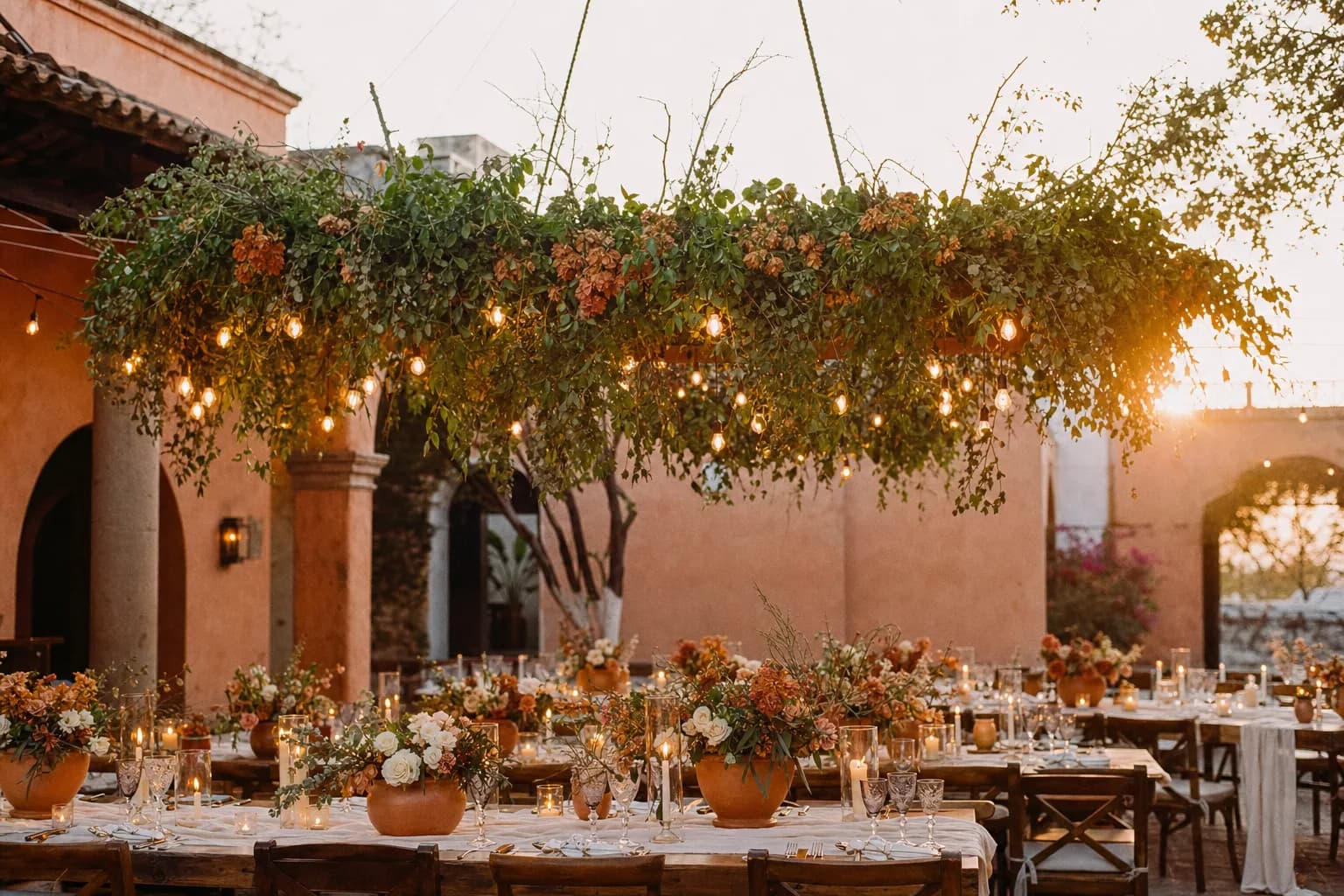 Adorno para boda colgante con follaje, flores terracota y luces cálidas sobre mesas en hacienda mexicana