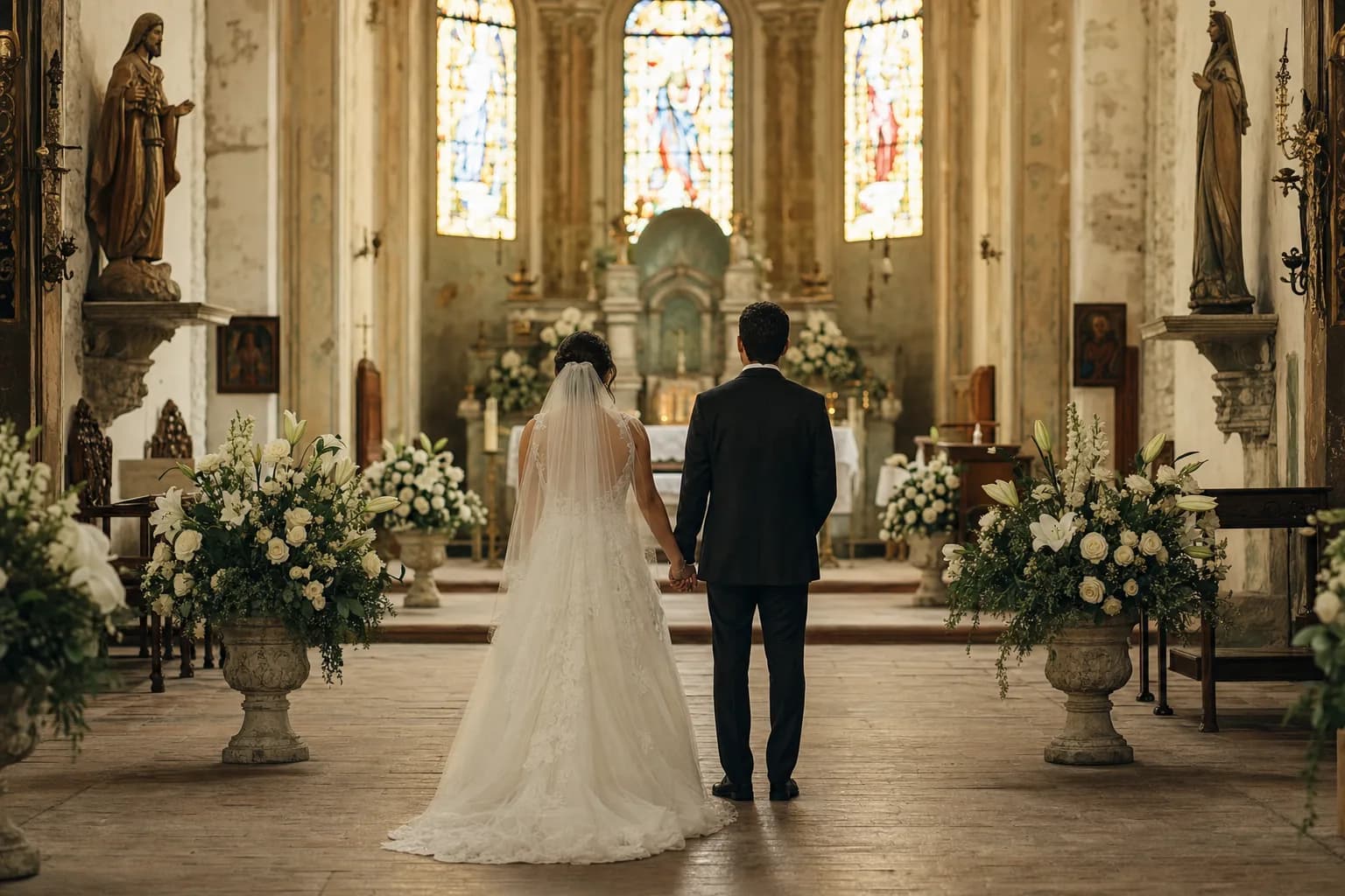 Novios de espaldas tomados de la mano ante el altar de una iglesia colonial, sobre amonestaciones matrimoniales