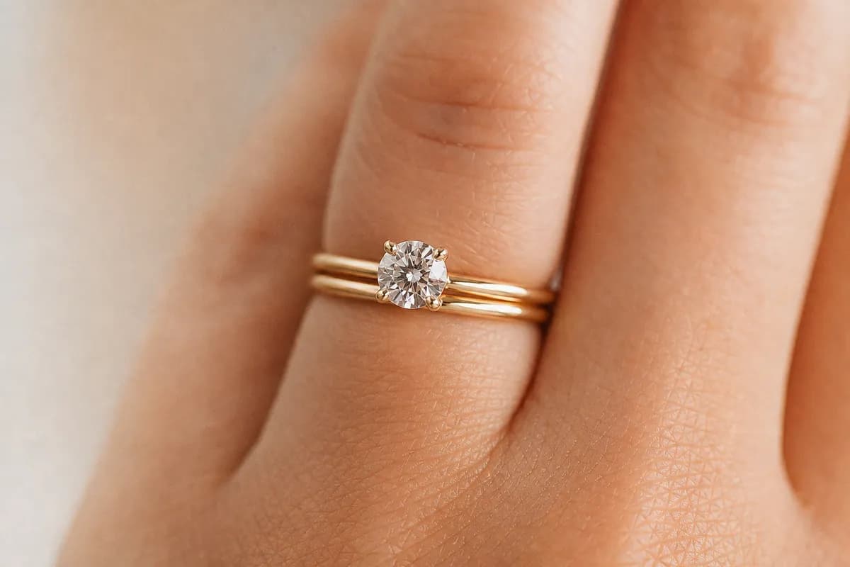 Anillo de compromiso con diamante y argolla de matrimonio lisa apilados en el mismo dedo