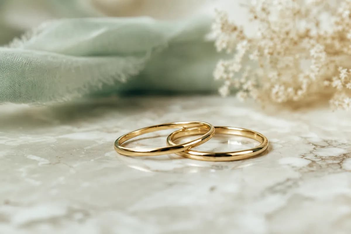 Argollas de matrimonio minimalistas en oro amarillo sobre marmol claro con luz suave