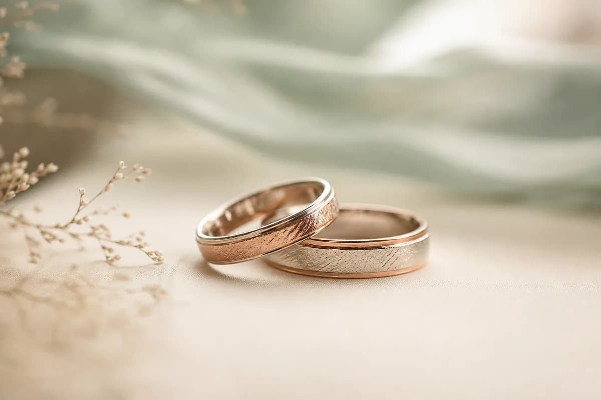 Anillos de boda con mezcla de oro blanco y oro rosa y textura sobre fondo beige