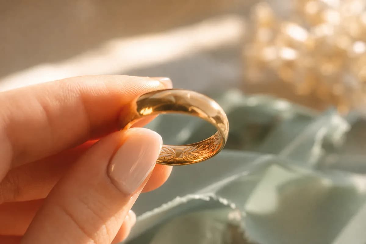 Anillo de boda de oro con grabado interior mostrado hacia la luz, estilo artesanal