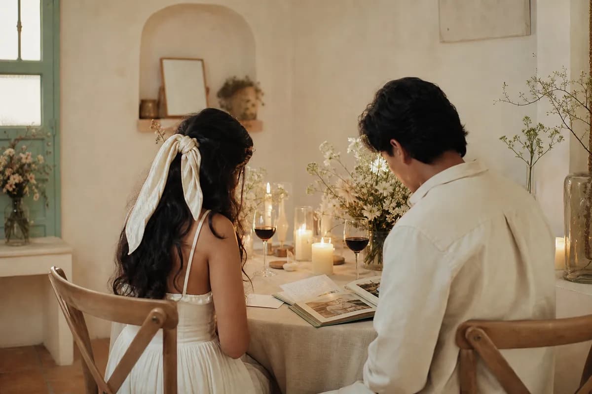 Cena intima de aniversario de bodas de papel con velas, cartas manuscritas y album de fotos en casa