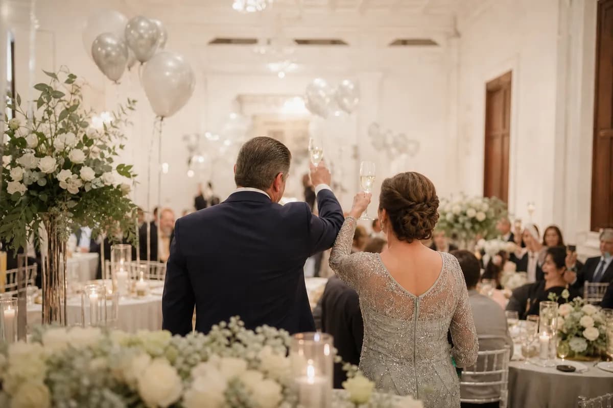 Fiesta de bodas de plata en salon elegante, pareja de mediana edad brindando con familia y decoracion plateada