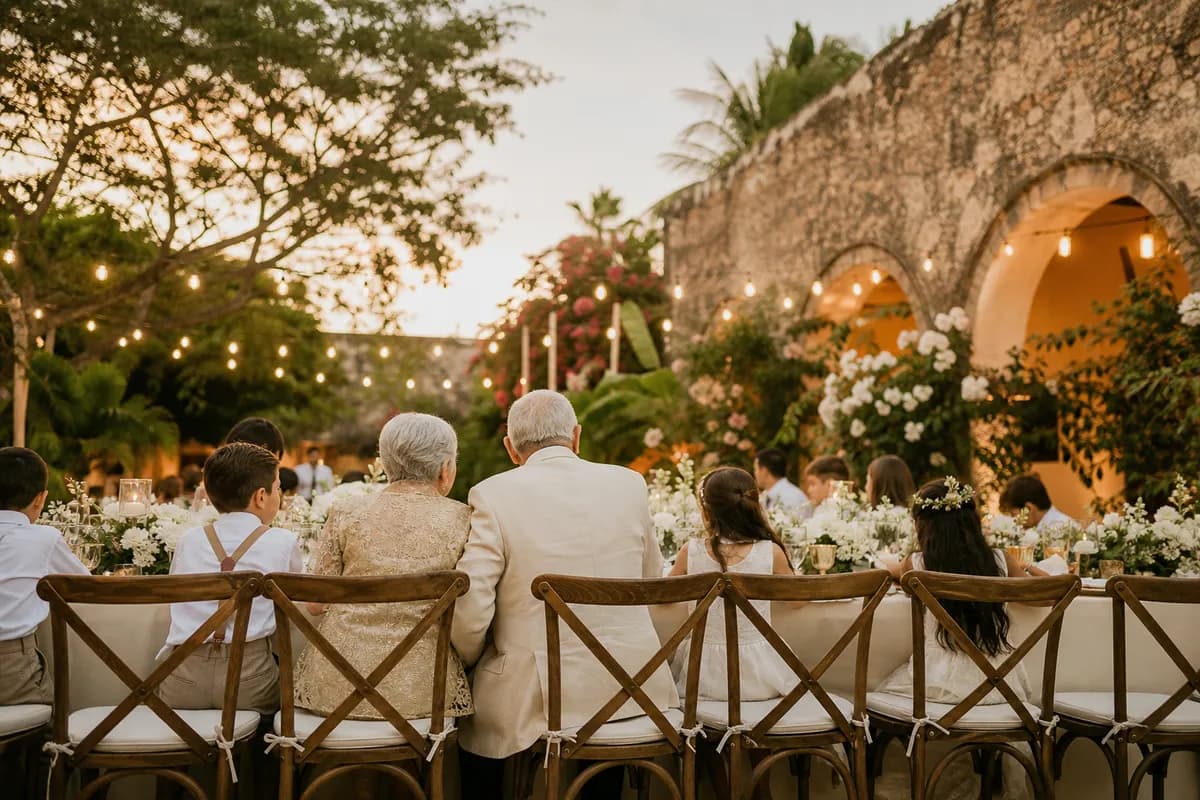 Celebracion de bodas de oro en jardin de hacienda mexicana con pareja mayor, hijos y nietos al atardecer