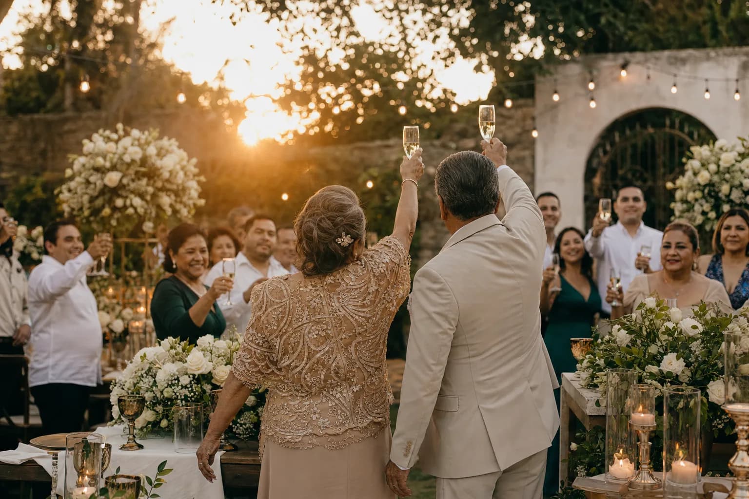 Pareja mayor mexicana brindando en su aniversario de bodas de oro en un jardin al atardecer rodeada de familia