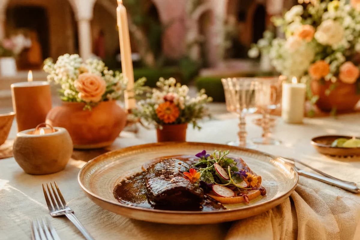 Plato emplatado de cocina mexicana contemporánea con mole en banquete de boda, vajilla de cerámica artesanal